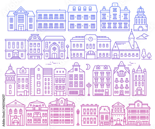 Big vector set of different urban architecture. Illustration of color public detailed buildings on white background.