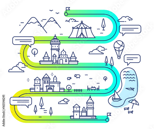 Vector illustration of city navigation with air balloon and clouds. Infographic route concept.
