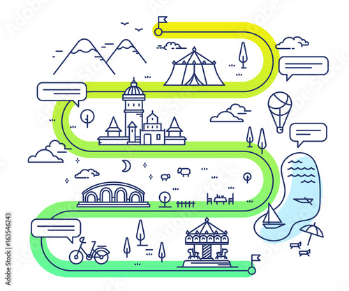 Vector illustration of city children entertainment navigation with speech bubble. Infographic route concept.