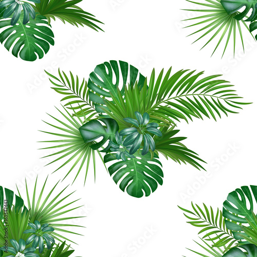 Tropical background with jungle plants. Seamless vector tropical pattern with green palm and exotic plants leaves.