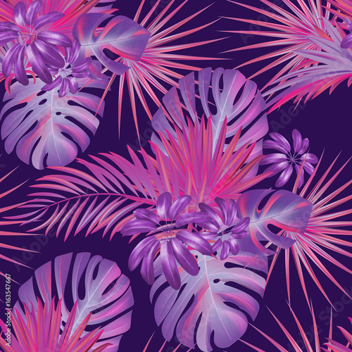 Exotic tropical vrctor background with hawaiian plants. Seamless violet purple tropical pattern with monstera and sabal palm leaves photo