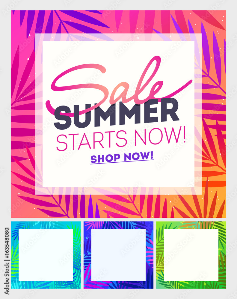 Summer sale poster with palm leaf and lettering. Summer Holiday and Travel template background, vector illustration. Summer tropical background