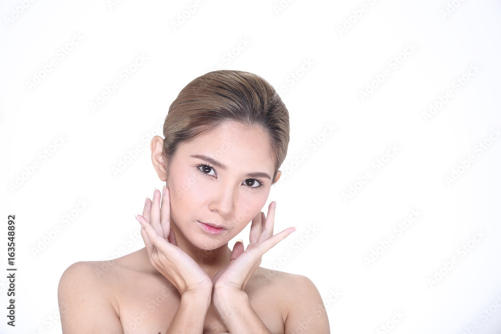 Beautiful Clean Skin Woman straight black hair with Smooth pose open shoulder smile Beautiful Clean Skin Woman straight black hair with Smooth pose open shoulder smile