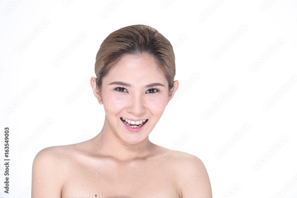 Beautiful Clean Skin Woman straight black hair with Smooth pose open shoulder smile
