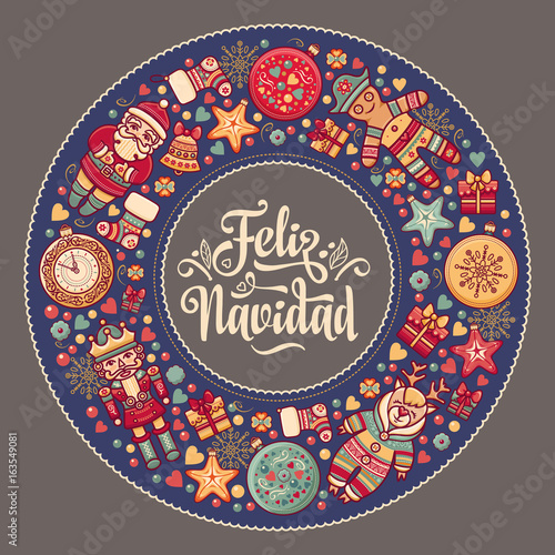 Feliz navidad. Xmas card on Spanish language. Warm wishes for happy holidays 