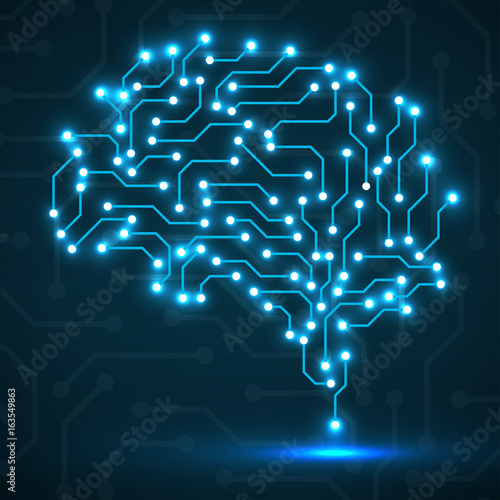 Technological neon brain. Circuit board. Abstract vector background