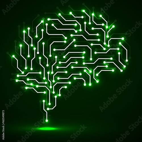 Technological neon brain. Circuit board. Abstract vector background