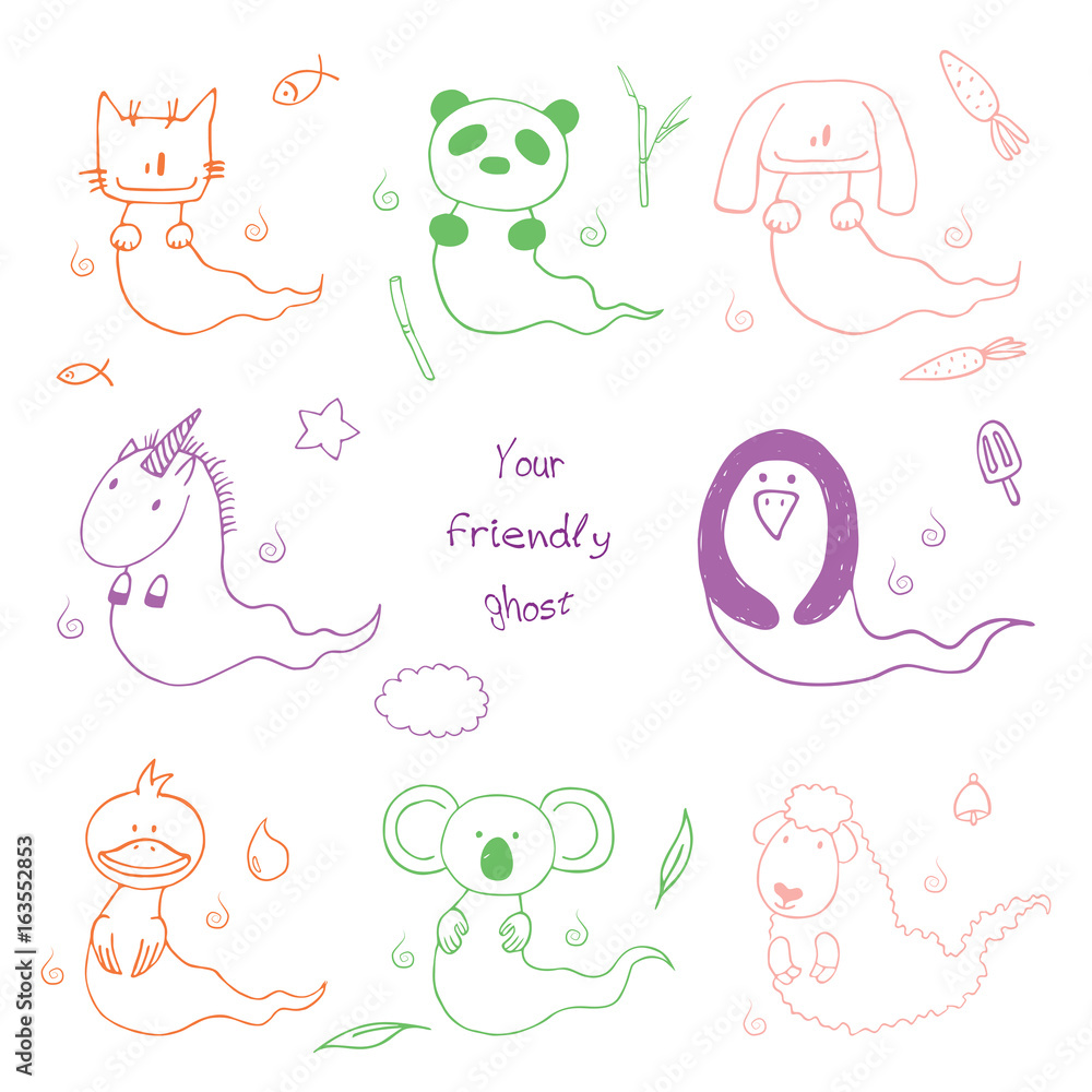 Hand drawn vector illustration of cute animals: cat, panda, unicorn, rabbit, sheep, duck, penguin and koala, text Your friendly ghost.
