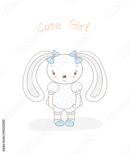 Hand drawn vector illustration of a little smiling plump bunny girl in a polka dots dress, shoes, with blue ribbons, text Cute girl
