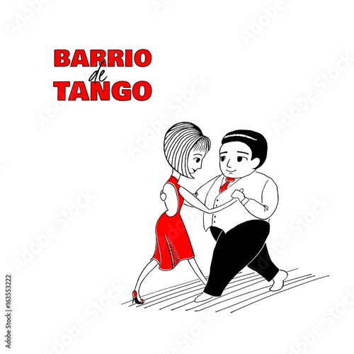 Hand drawn minimalist illustration of a funny dancing couple with Spanish text Barrio de tango, meaning Tango district.