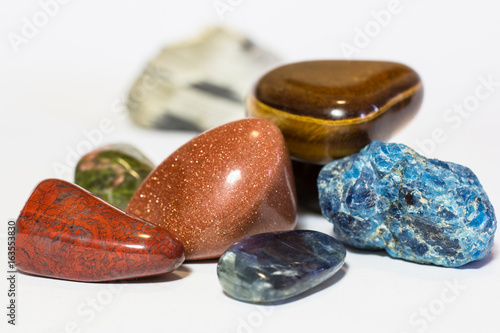 Precious stones - Blue Apatite, gold calcite, tigers eye etc (On White)