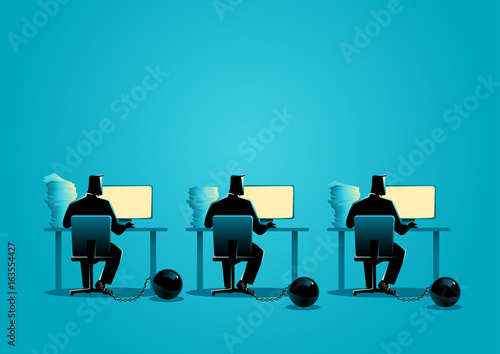 Businessmen working on computers chained into iron ball