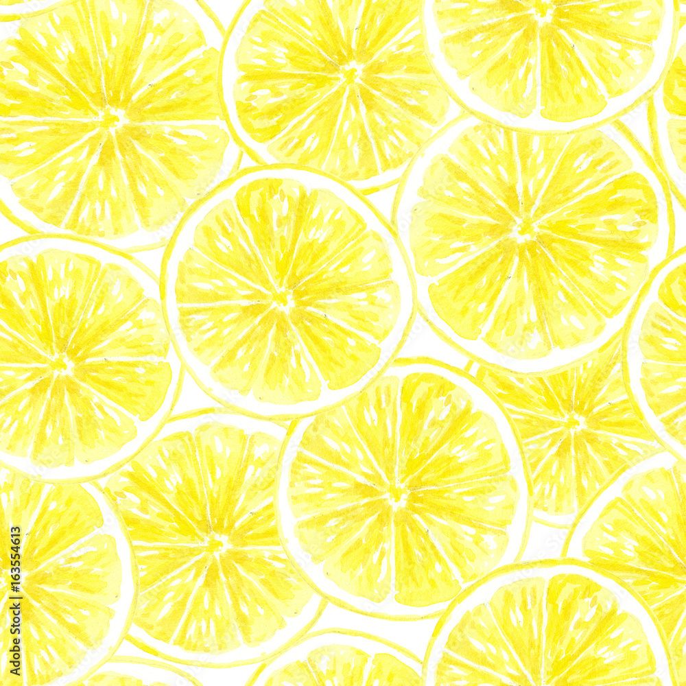 Seamless pattern made of watercolor lemon slices.Element for design.