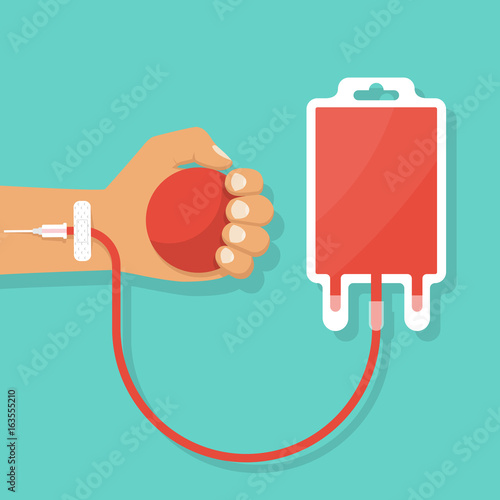 Human gives blood holding a ball in hand. Blood donation day. Vector illustrations flat design. Connected to drip to the bag for plasma. Medical healthcare concept.
