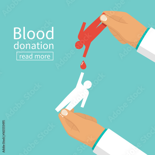 Blood donation concept. Doctor holding in hand silhouettes of people blood transfusion. Vector illustrations flat design. Isolated on background. Donor day. Medical background. Give life. 