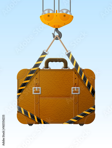 Suitcase hanging on crane hook. Lifting hook raises travel bag with slings. Best vector illustration about travel, luggage, tourism, accessory, vacation, baggage, trip, etc