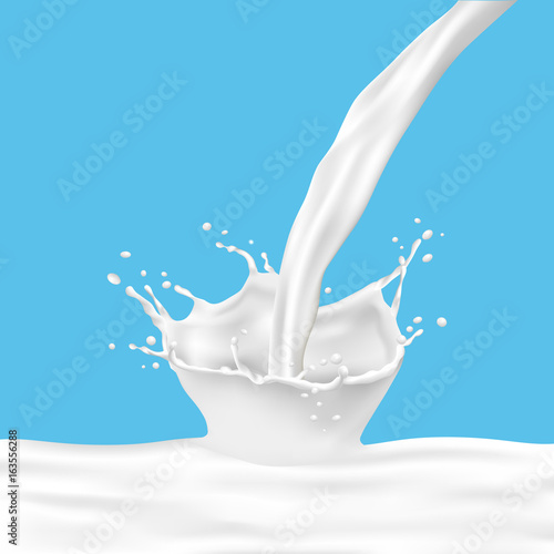 Milk splash with pouring milk on blue background