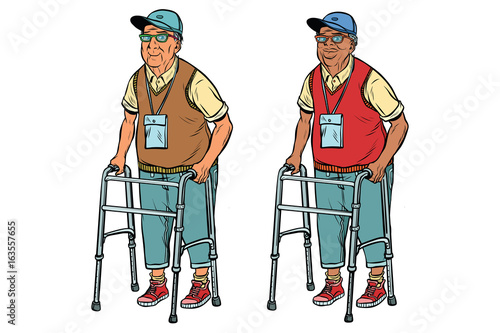African and Caucasian elderly with walker