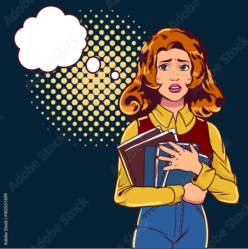 The girl is afraid pop art. Beautiful student on a dark street and keeps books. Vector illustration in comic style.