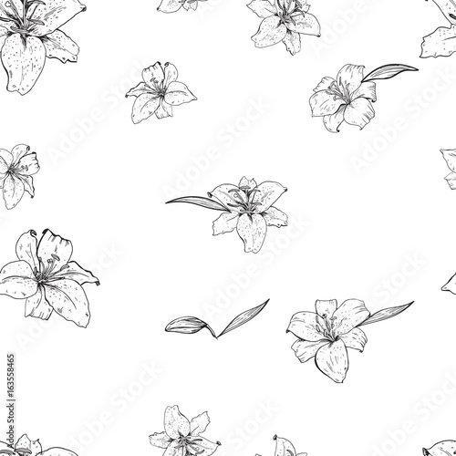 Lily flowers hand drawn in contour. Seamless pattern. Vector illustration.