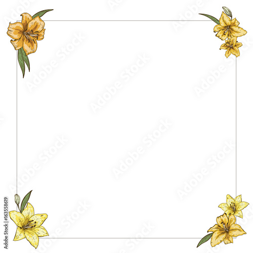 Thin frame with yellow lilies in the corners. Ready template for your design. Vector illustration.