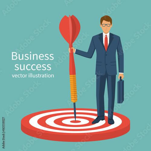 Successful businessman holding arrow in hand, achievement goal. Vector illustration flat design. Accuracy reach aim. Finance leader. Aspirational people.  Mission ambitions. Isolated on background.