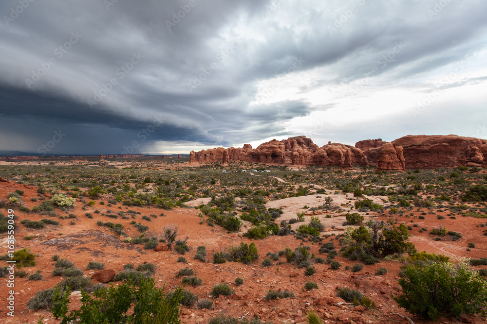 Deserted landscape in storm clouds of Arches National Park, Utah, USA