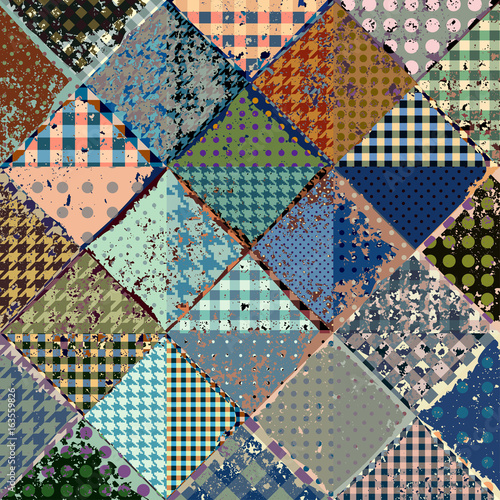 Vector abstract seamless patchwork pattern from blue and beige triangles with grunge effect.