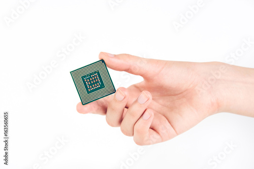 Hand Holding Small Powerful Computer Processor Isolated On White Background
