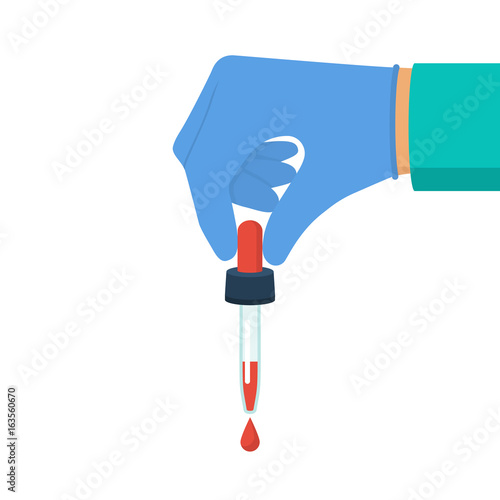 Pipette in hands doctor. Falling drop of liquid. Treatment colds. Medicament preparations. Pain killers. Vaccination flu. Vector illustration flat design. Isolated on white background.
