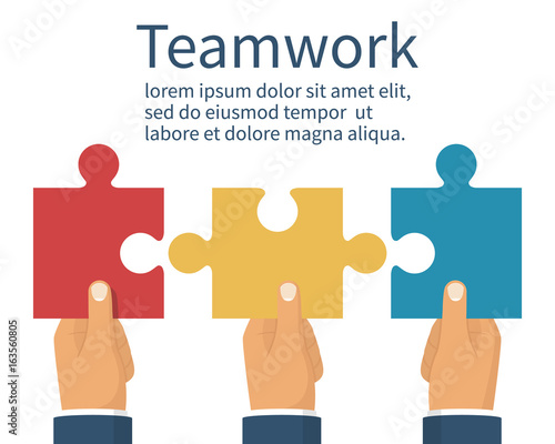 Teamwork concept. Three businessman holds puzzles in hand. Business metaphor abstract background. Pieces together partnership. Vector illustration flat style. Working together cooperation, combining.