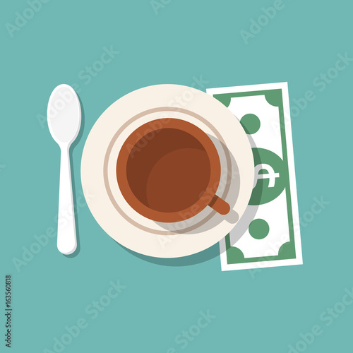 Tip on restaurant table. Money for services. Gratuity icon concept. Cup of coffee, spoon, dollar, plate saucer. Thanks to waiter. Tipping welcome template. Vector flat design. Isolated on background.