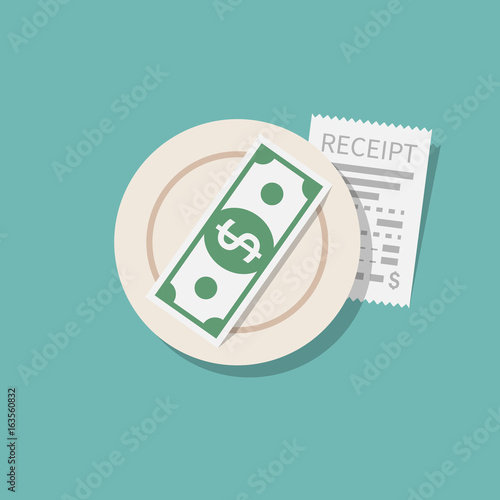 Money for services. TIPS left on table. Restaurant receipt. Saucer with payment. Gratuity concept. Thanks to waiter. Vector flat design. Isolated on background. Cash payment. Plate check money.
