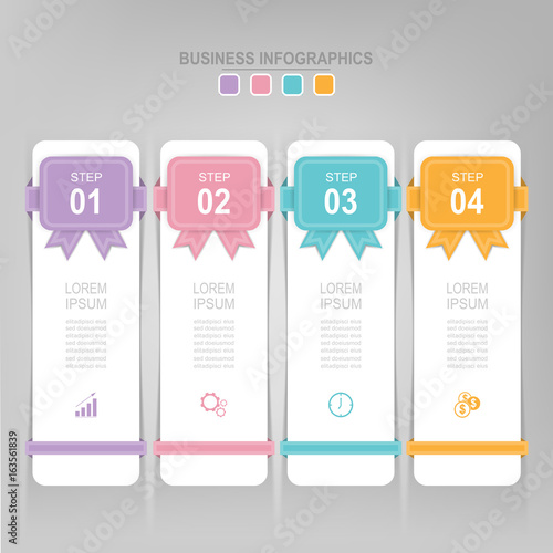 Infographic template of four steps on squares, tag banner, work sheet, flat design of business icon, vector