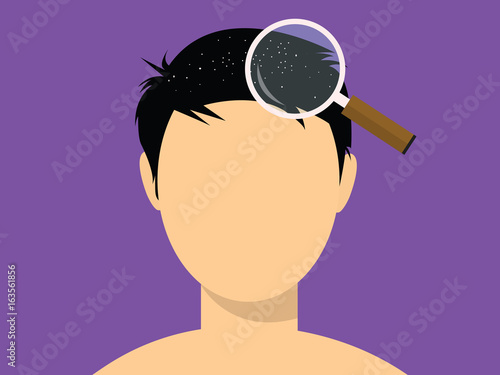 human male face white dot dandruff with magnifying glass
