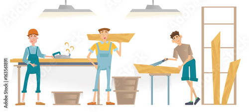 Men working in a carpentry workshop. Furniture manufacturing, woodworking. Vector illustration isolated on white background.