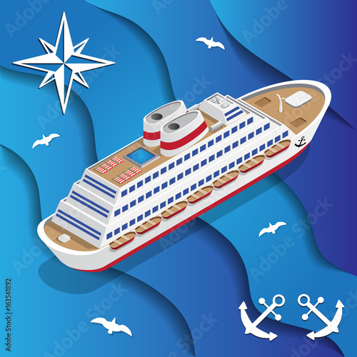 Cruise liner on the waves. Isometric. Vector illustration.