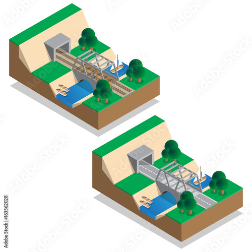 Rail and road bridges. Tunnels. Isometric. Vector illustration.