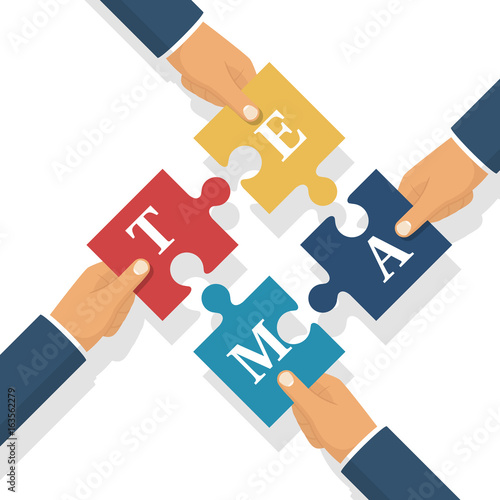 Team businessman holds puzzles in hands. Pieces together. Teamwork concept. Business partnership metaphor. Vector illustration flat style design. Symbol of working together cooperation, combining.
