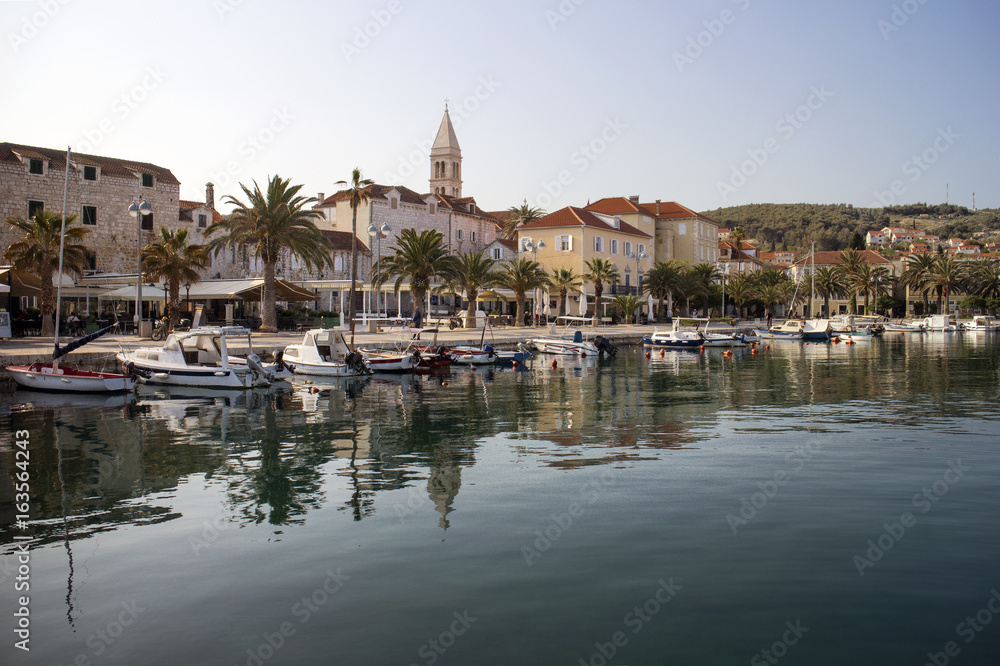 Supetar port with small fishing boats, biggest town on Brac island in Croatia