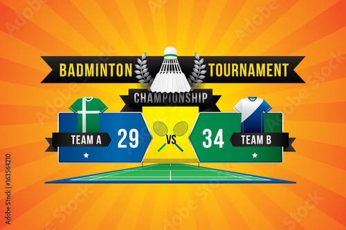 Badminton tournament design with players and scoreboard.