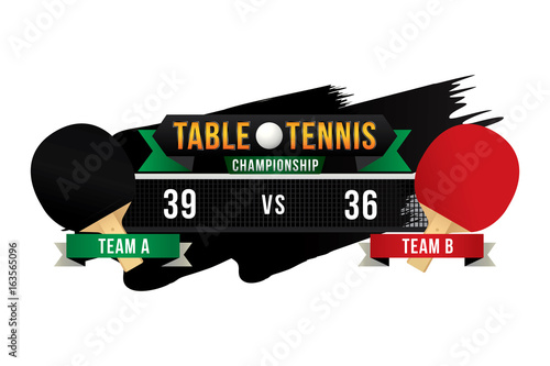 Table tennis championship badge design with two player and scoreboard.