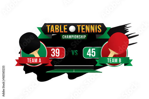 Table tennis championship badge design with two player and scoreboard.