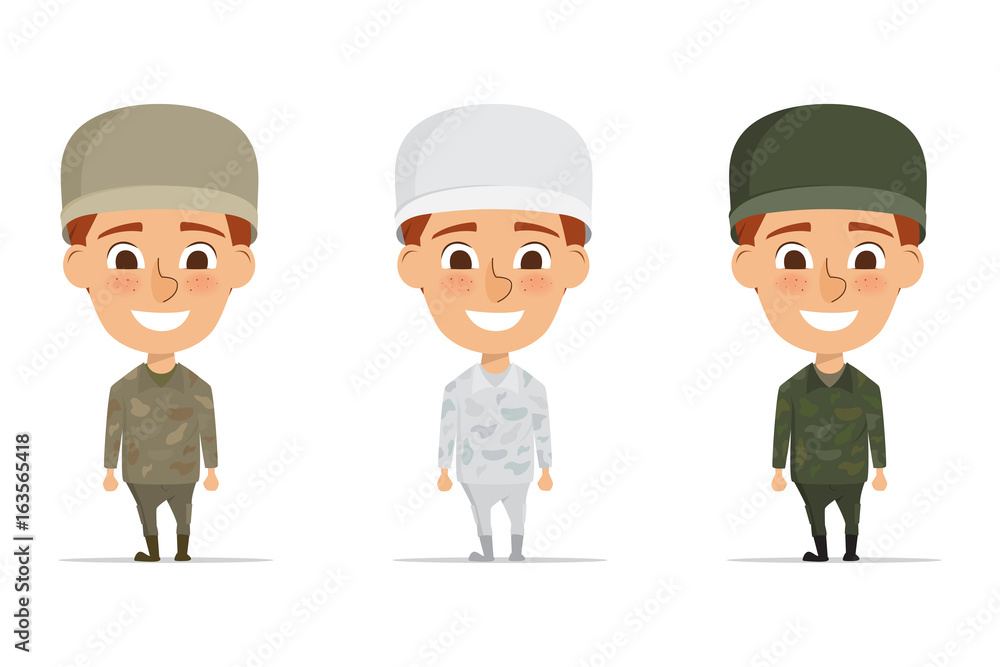 Soldiers in green and brown uniform illustration. character design.