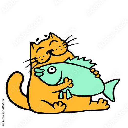 Cute orange cat hugging big fish. Vector illustration.