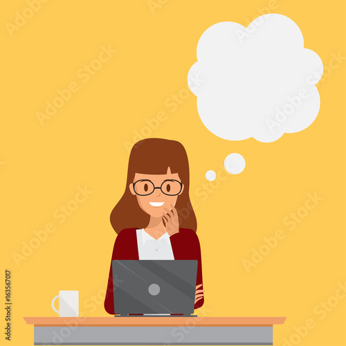 Business woman using  laptop and thinking pose. Illustration vector.