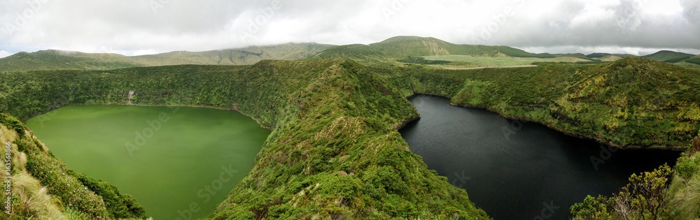 Aerial view to Comprida and Negra lakes , Flores island in Azores. Portugal
