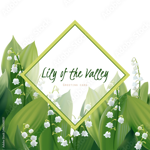 Spring floral greeting card.
 Lily of the valley flowers and leaves - realistic hand drawn vector illustration.