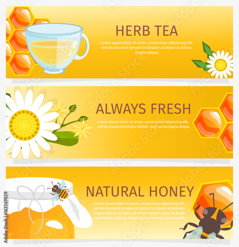 Honey horizontal vertical and square banners presenting sweet natural honey with bees hive and wax cells vector illustration