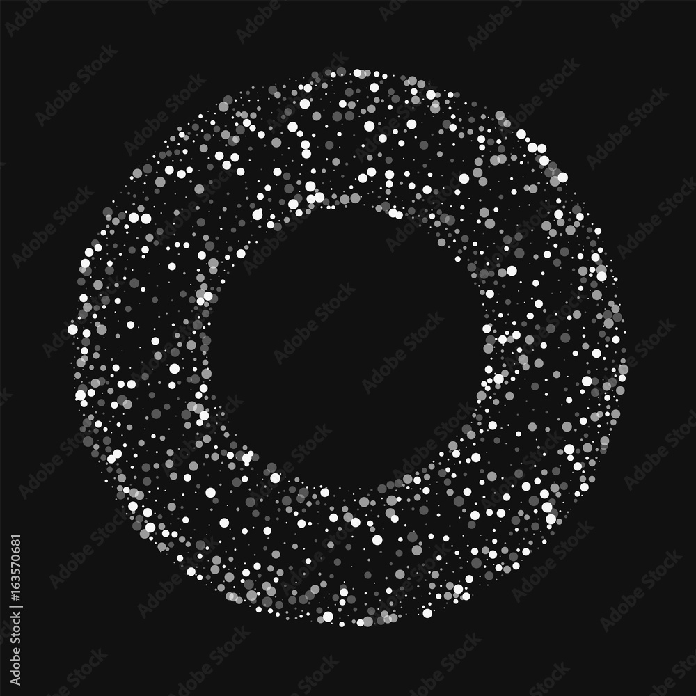Random falling white dots. Round bagel frame with random falling white dots on black background. Vector illustration. Random falling white dots. Round bagel frame with random falling white dots on black background. Vector illustration.